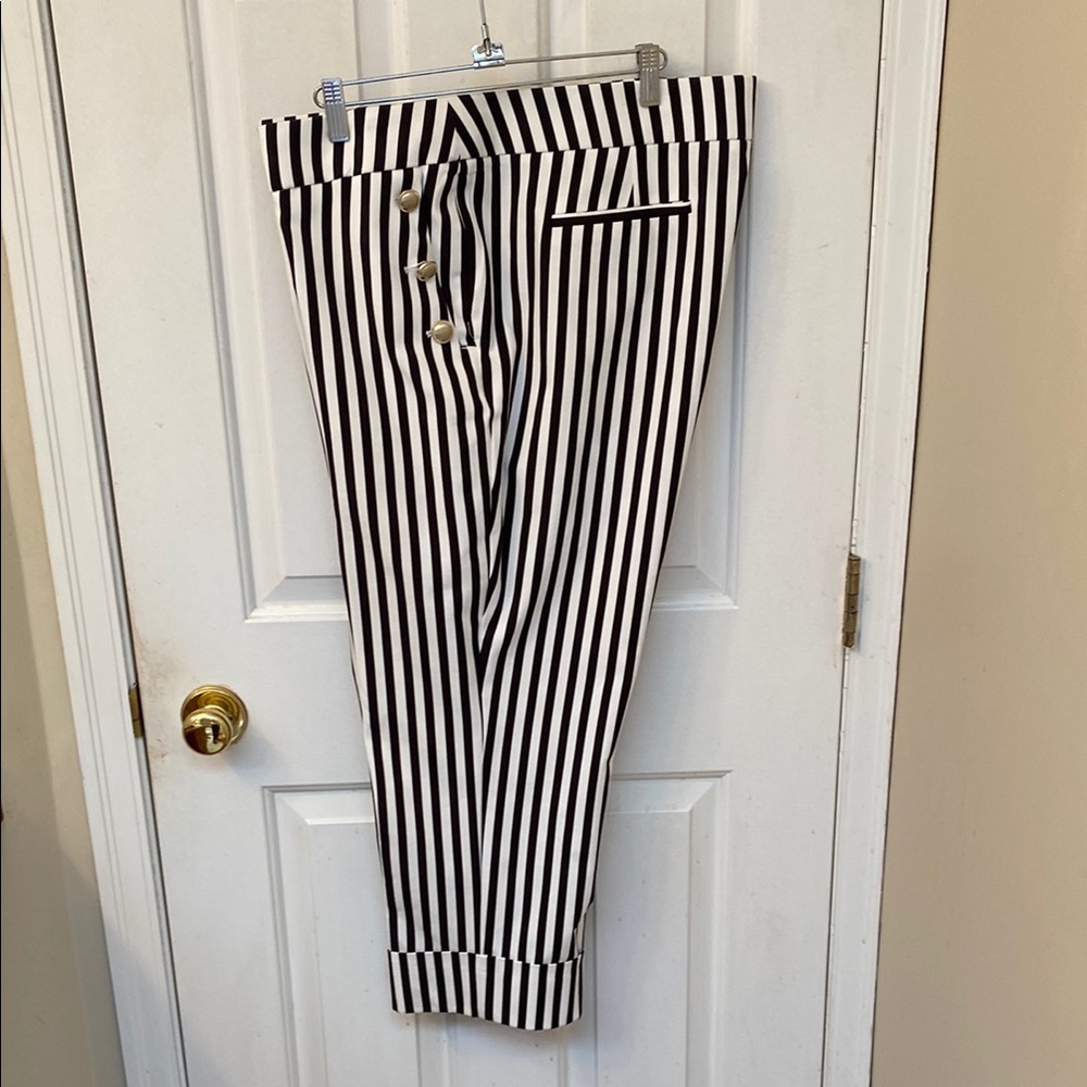 Chico’s Black and White Striped Ankle Pants with Cuffs